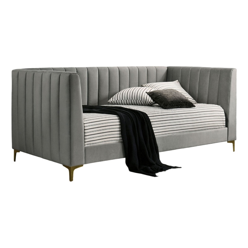 Bowery Hill Twin Daybed with Tuxedo Details in Gray Tufted Flannelette