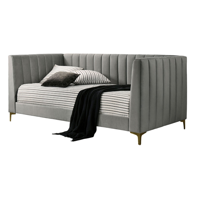 Bowery Hill Twin Daybed with Tuxedo Details in Gray Tufted Flannelette