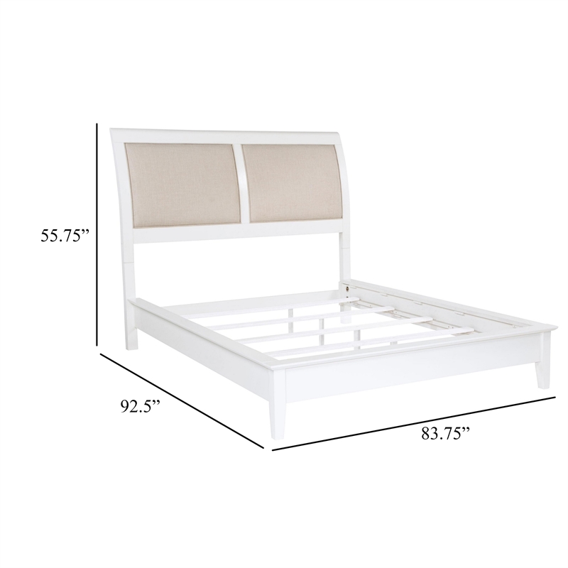 Bowery Hill King Bed with Sleigh Beige Upholstered Headboard in White Wood