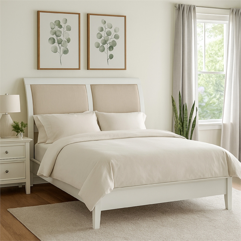 Bowery Hill King Bed with Sleigh Beige Upholstered Headboard in White Wood