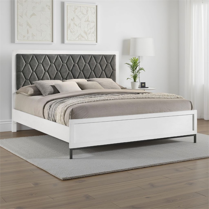 Bowery Hill California King Bed in White Melamine Hexagonal Tufted