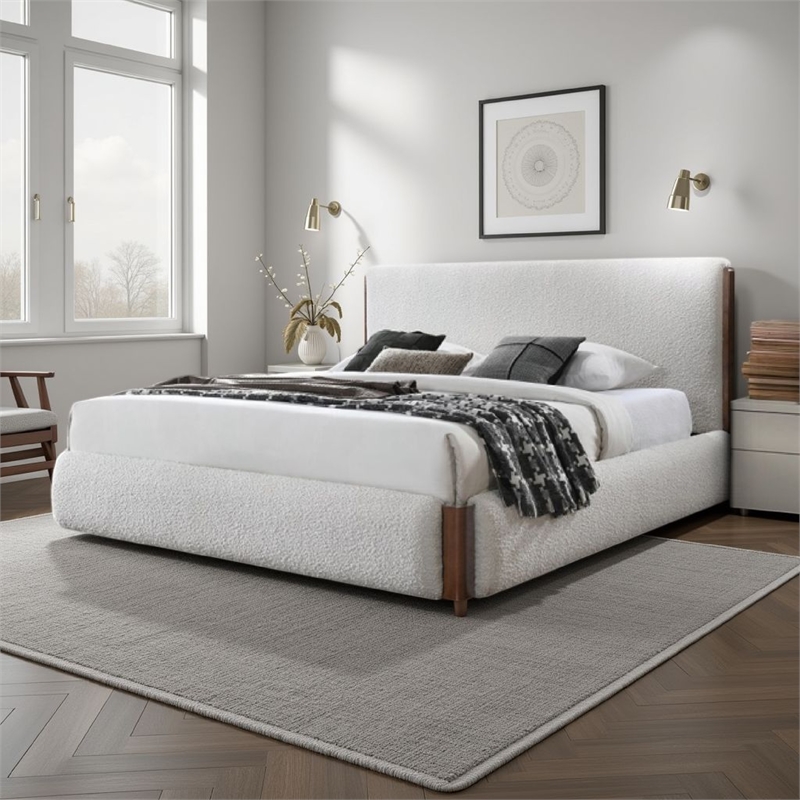 Bowery Hill King Bed Low Profile in White Boucle and Walnut Brown