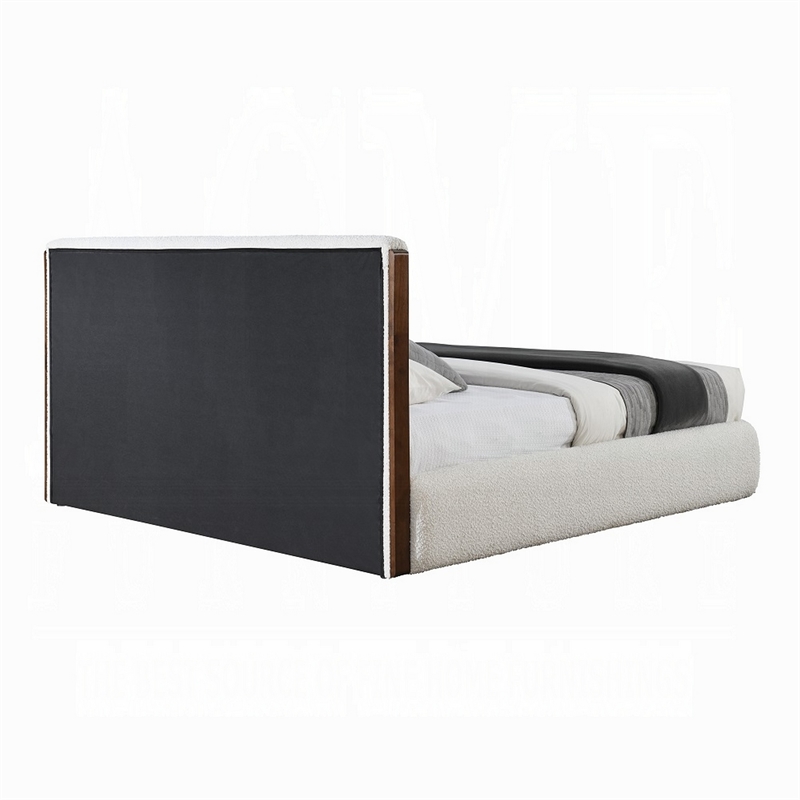 Bowery Hill King Bed Low Profile in White Boucle and Walnut Brown