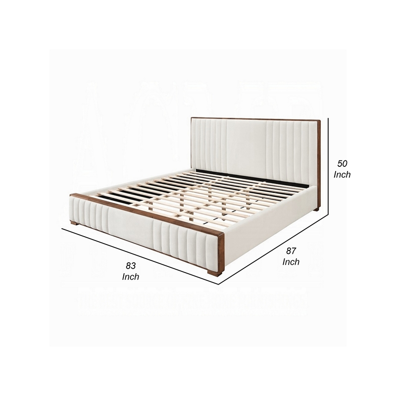 Bowery Hill King Bed Channel Tufted in Beige Chenille and Walnut Brown