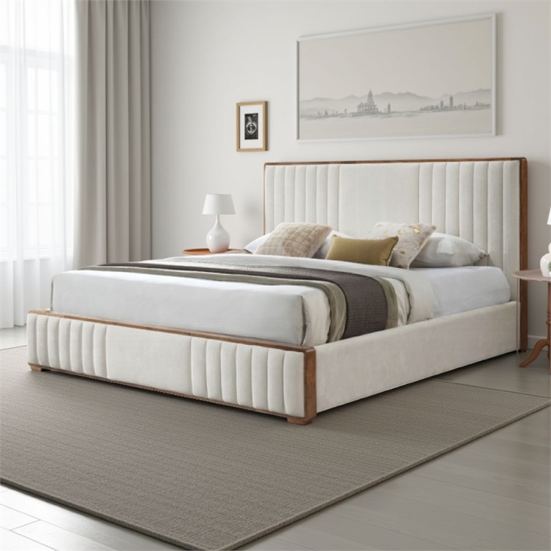 Bowery Hill King Bed Channel Tufted in Beige Chenille and Walnut Brown