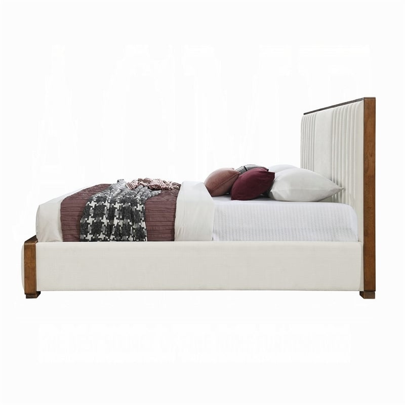 Bowery Hill King Bed Channel Tufted in Beige Chenille and Walnut Brown