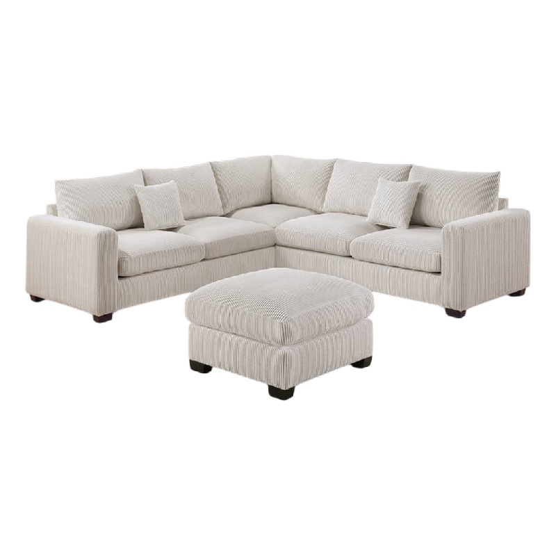 Bowery Hill 4 Pc L Sectional Sofa Set with 2 Pillows in Ivory Corduroy
