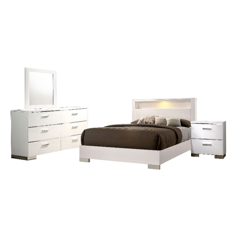 Bowery Hill 4 Pc King Bedroom Set with LED Headboard in Wood Chrome Stripes