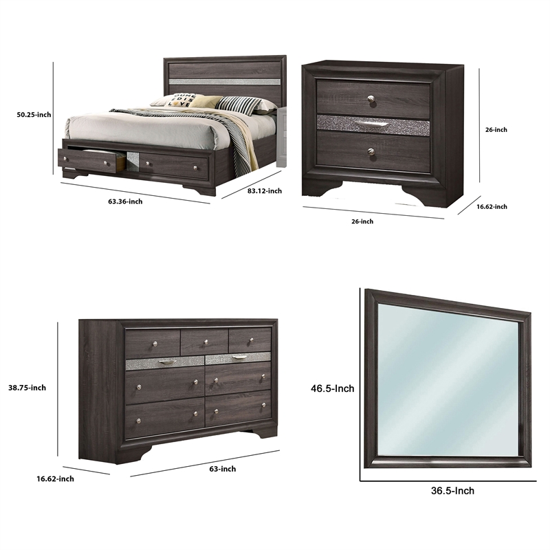 Bowery Hill 4 Pc Queen Silver Accented Solid Wood Bedroom Set in Gray Brown
