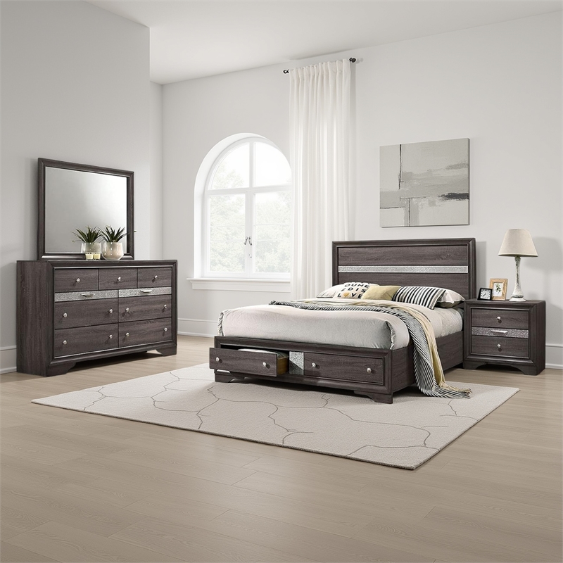 Bowery Hill 4 Pc Queen Silver Accented Solid Wood Bedroom Set in Gray Brown