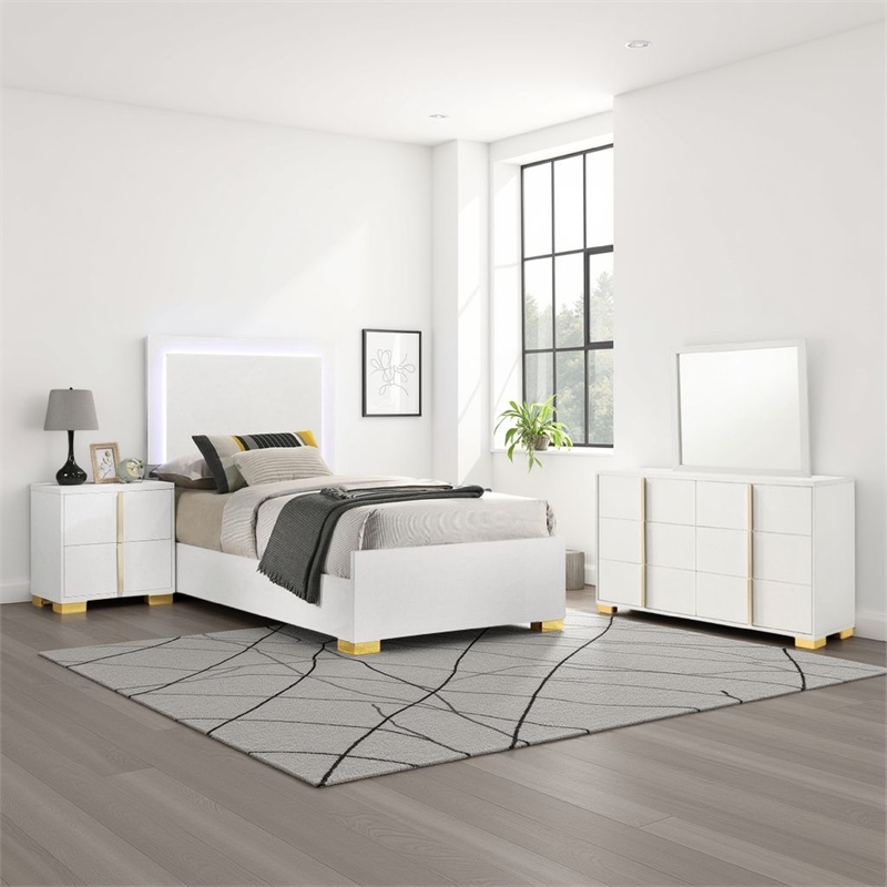 Bowery Hill 4 Pc Twin Bedroom Set with White Gold Accents and LED Headboard