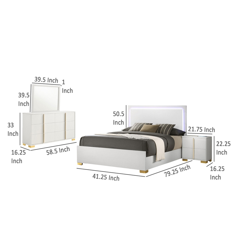 Bowery Hill 4 Pc Twin Bedroom Set with White Gold Accents and LED Headboard