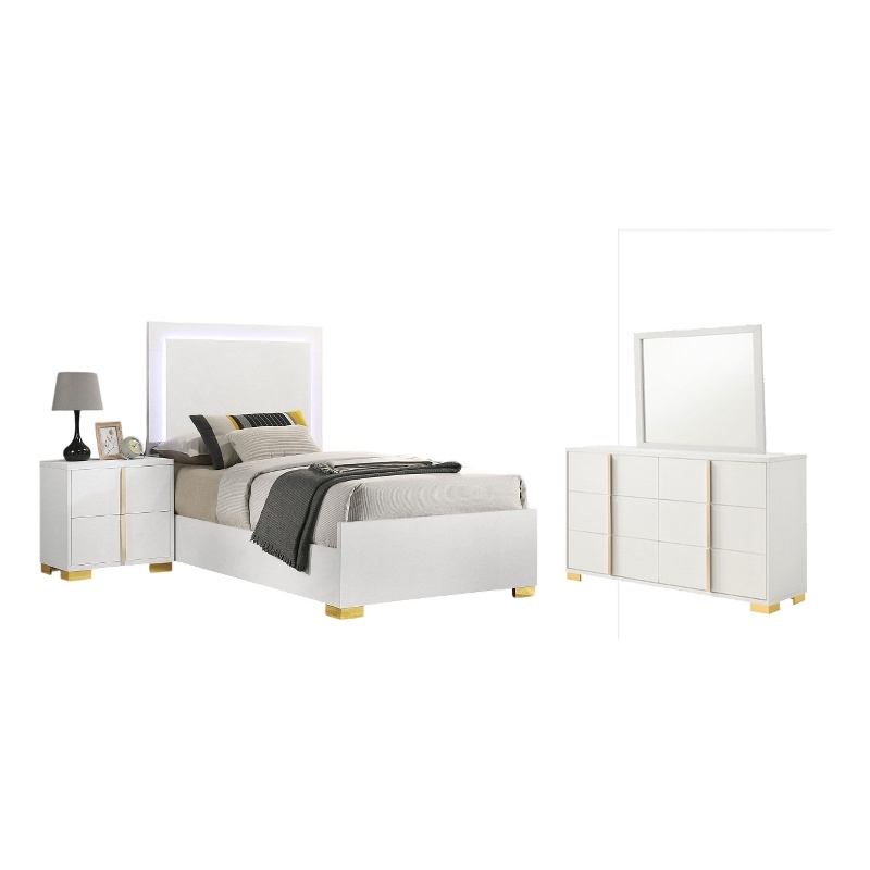 Bowery Hill 4 Pc Twin Bedroom Set with White Gold Accents and LED Headboard