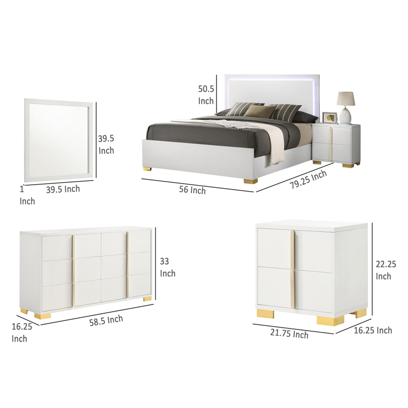 Bowery Hill 4 Pc Full Bedroom Set with White Gold Accents and LED Headboard