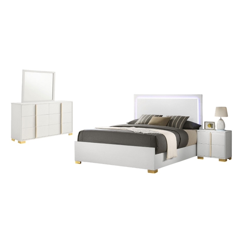 Bowery Hill 4 Pc Full Bedroom Set with White Gold Accents and LED Headboard