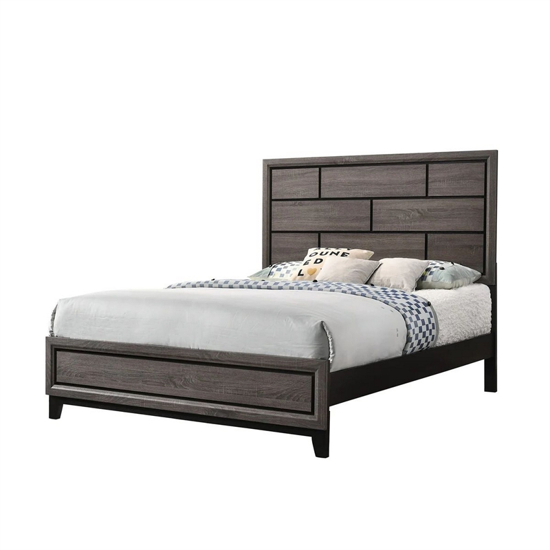 Bowery Hill Queen Bed with Geometric Panel Headboard in Gray Wood Finish