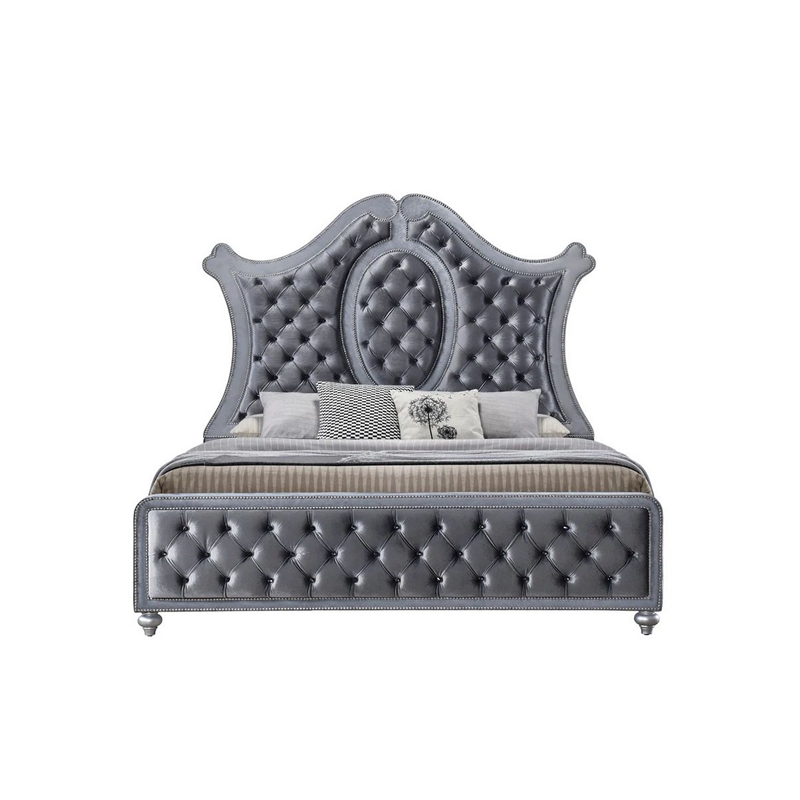 Bowery Hill Queen Bed Curved Wood Headboard Tufted in Gray Fabric