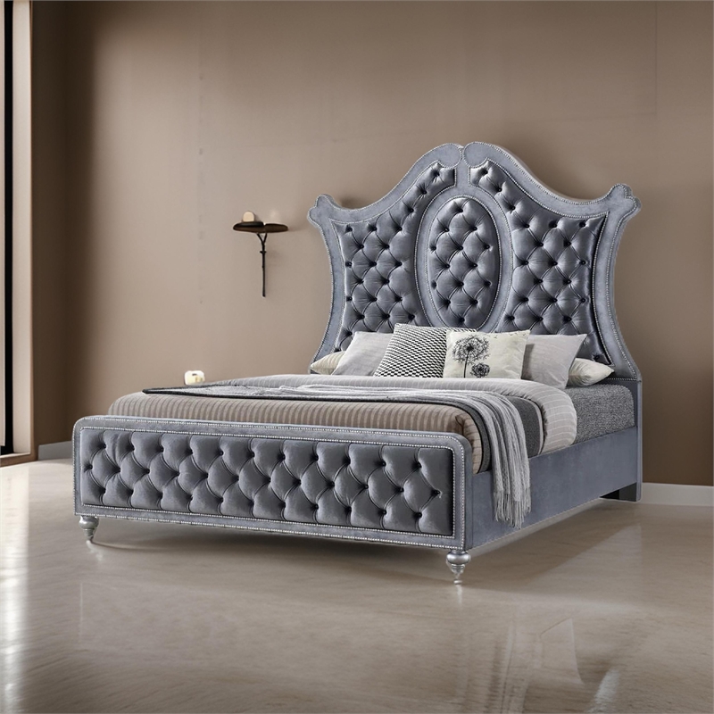 Bowery Hill Queen Bed Curved Wood Headboard Tufted in Gray Fabric