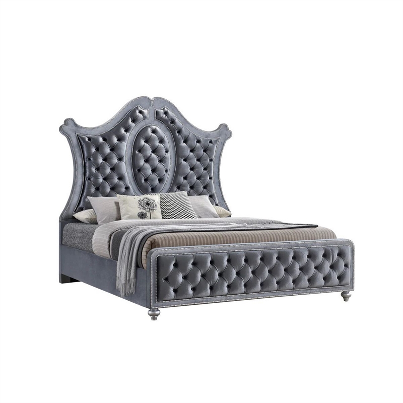 Bowery Hill Queen Bed Curved Wood Headboard Tufted in Gray Fabric