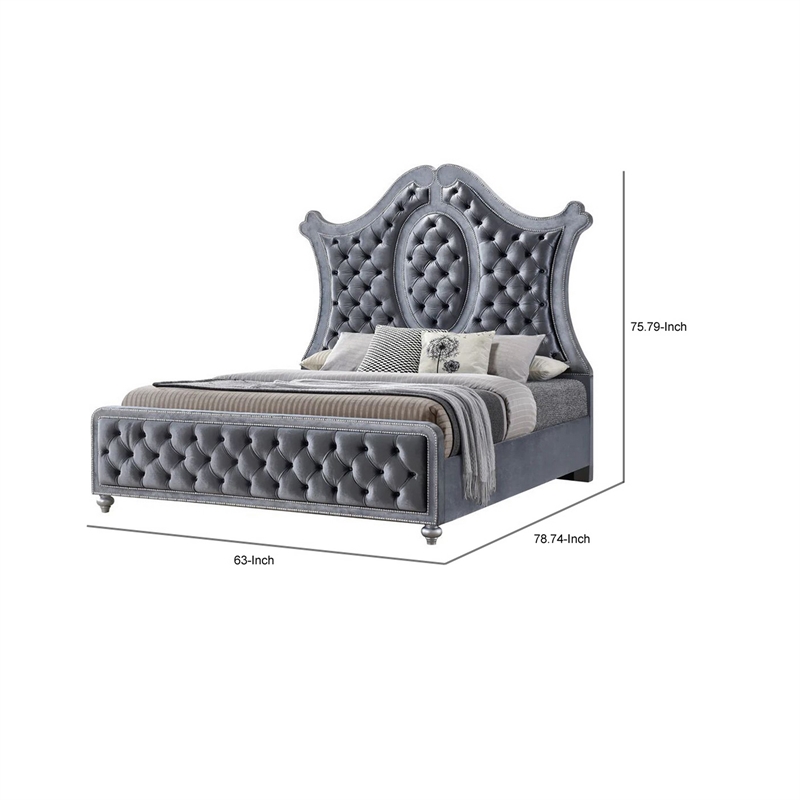 Bowery Hill Queen Bed Curved Wood Headboard Tufted in Gray Fabric