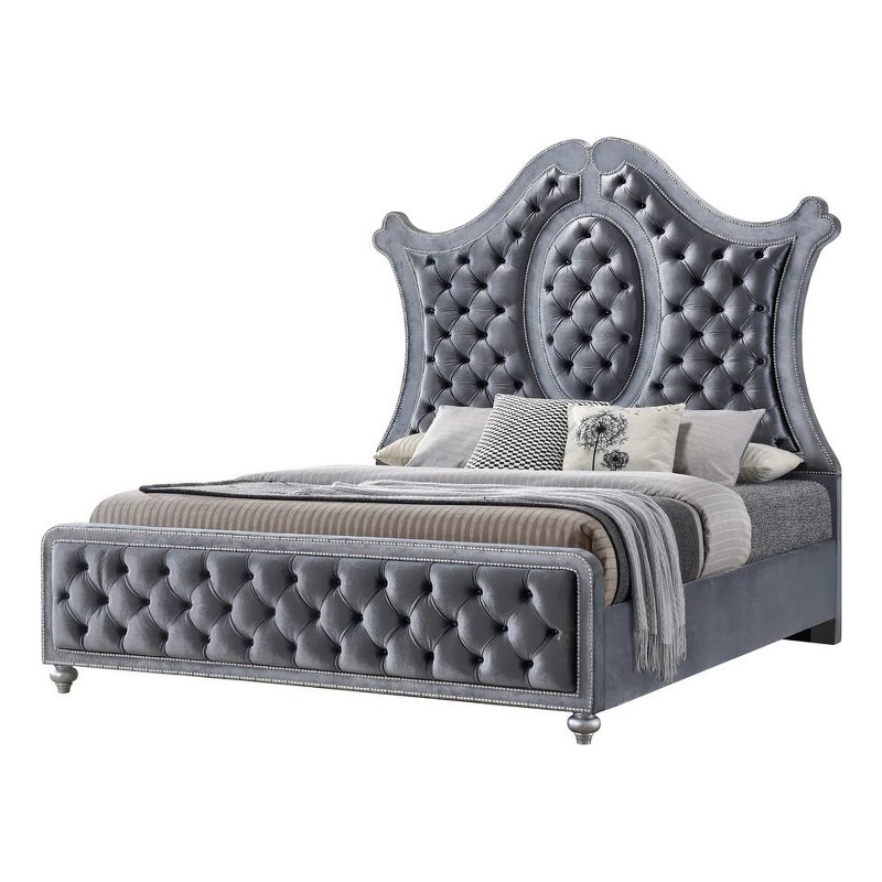 Bowery Hill Queen Bed Curved Wood Headboard Tufted in Gray Fabric