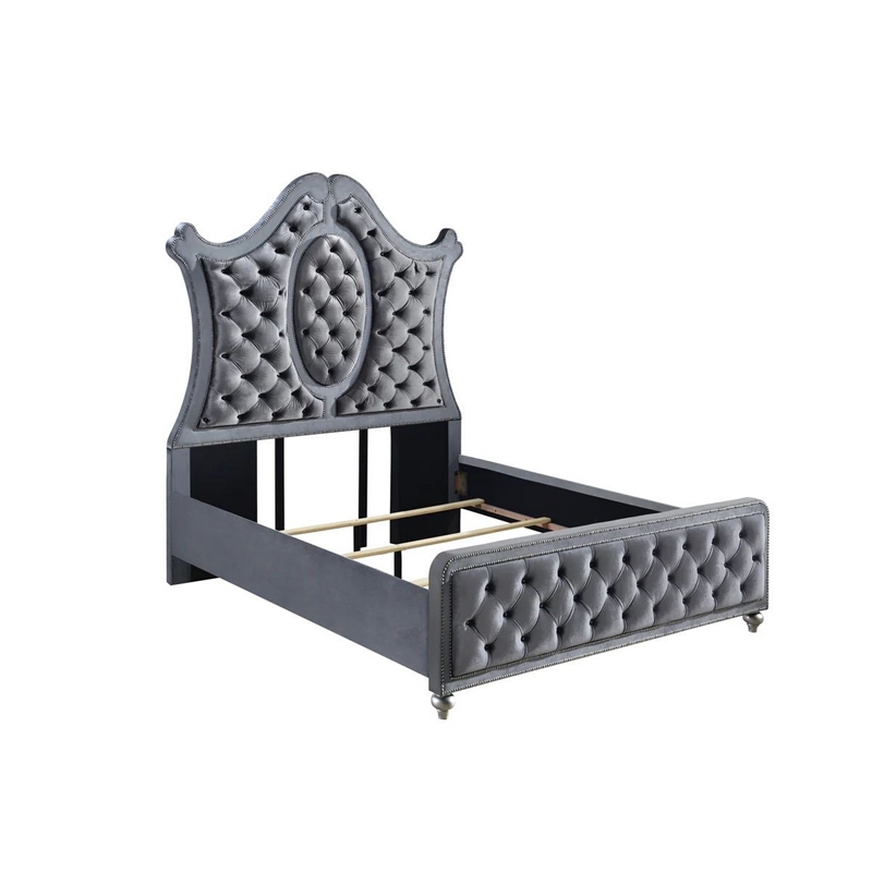 Bowery Hill King Bed Curved Wood Headboard Tufted in Gray Fabric Upholstery