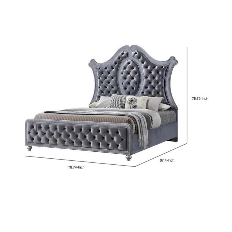 Bowery Hill King Bed Curved Wood Headboard Tufted in Gray Fabric Upholstery
