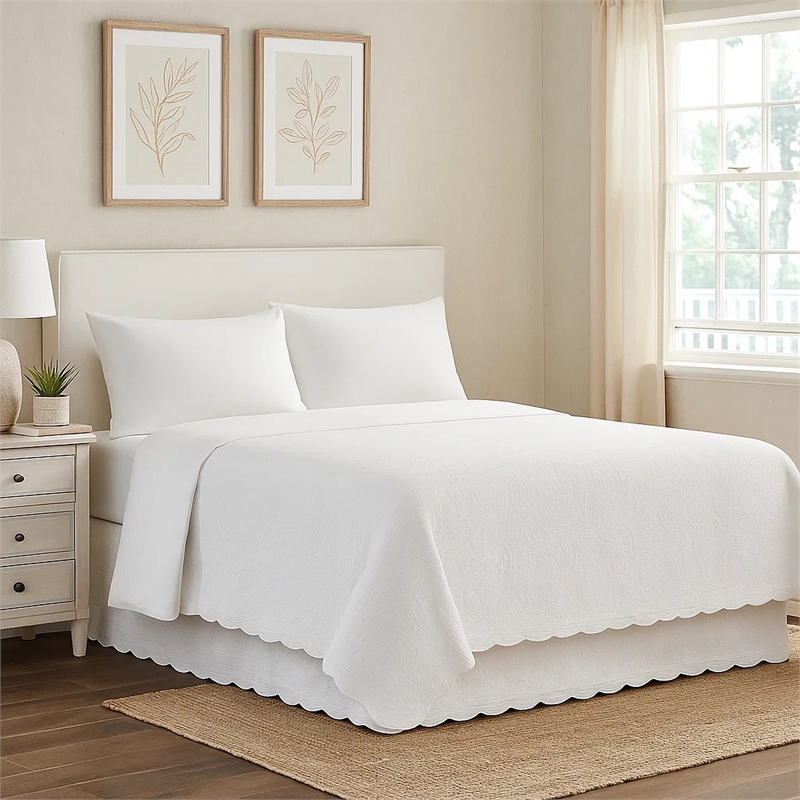Bowery Hill Paisley Quilted King Bed Skirt and Cotton Drop in Ivory