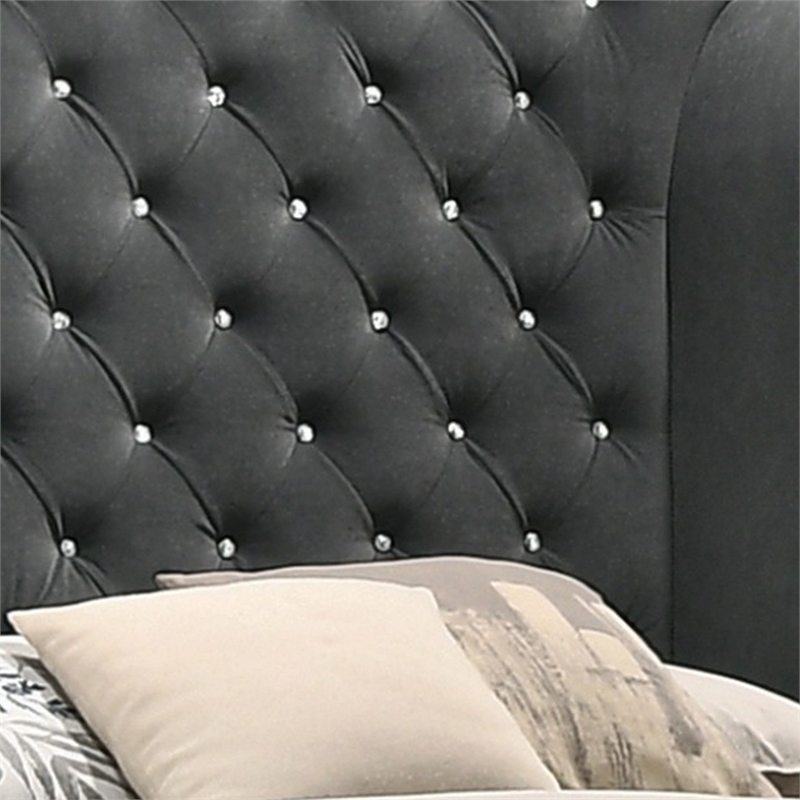 Bowery Hill Wingback Queen Bed Tufted Headboard Nailed in Gray Velvet