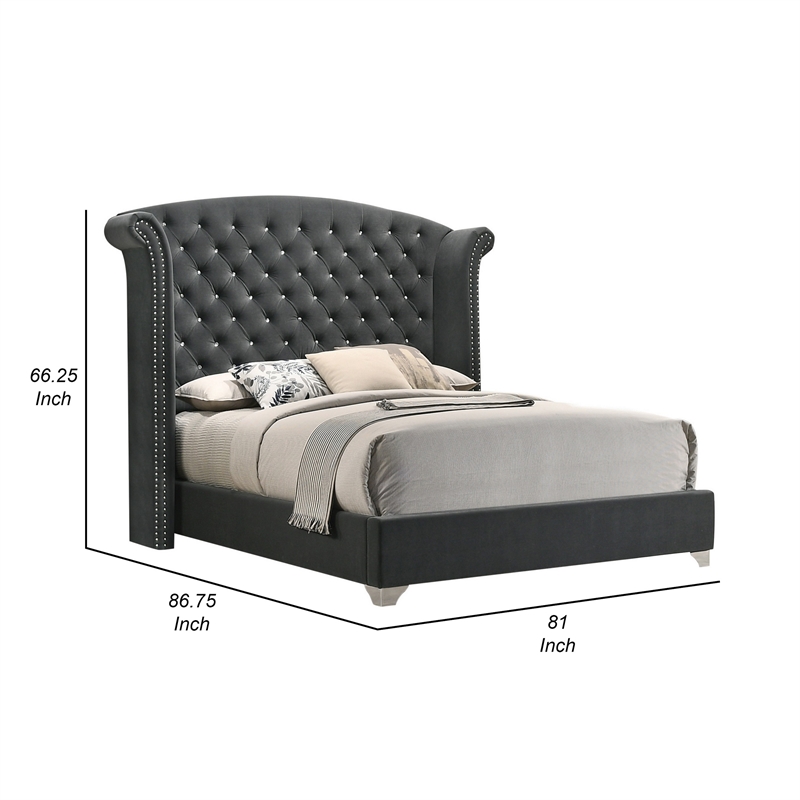 Bowery Hill Wingback Queen Bed Tufted Headboard Nailed in Gray Velvet