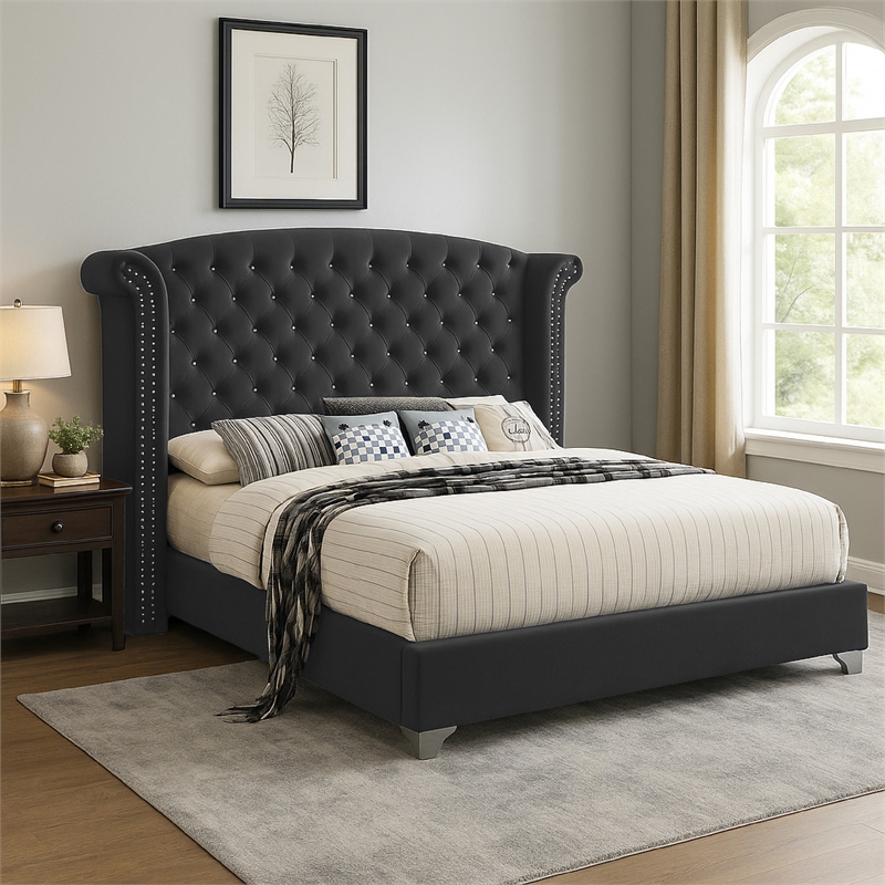 Bowery Hill Wingback Queen Bed Tufted Headboard Nailed in Gray Velvet