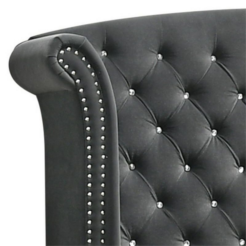 Bowery Hill Wingback Queen Bed Tufted Headboard Nailed in Gray Velvet