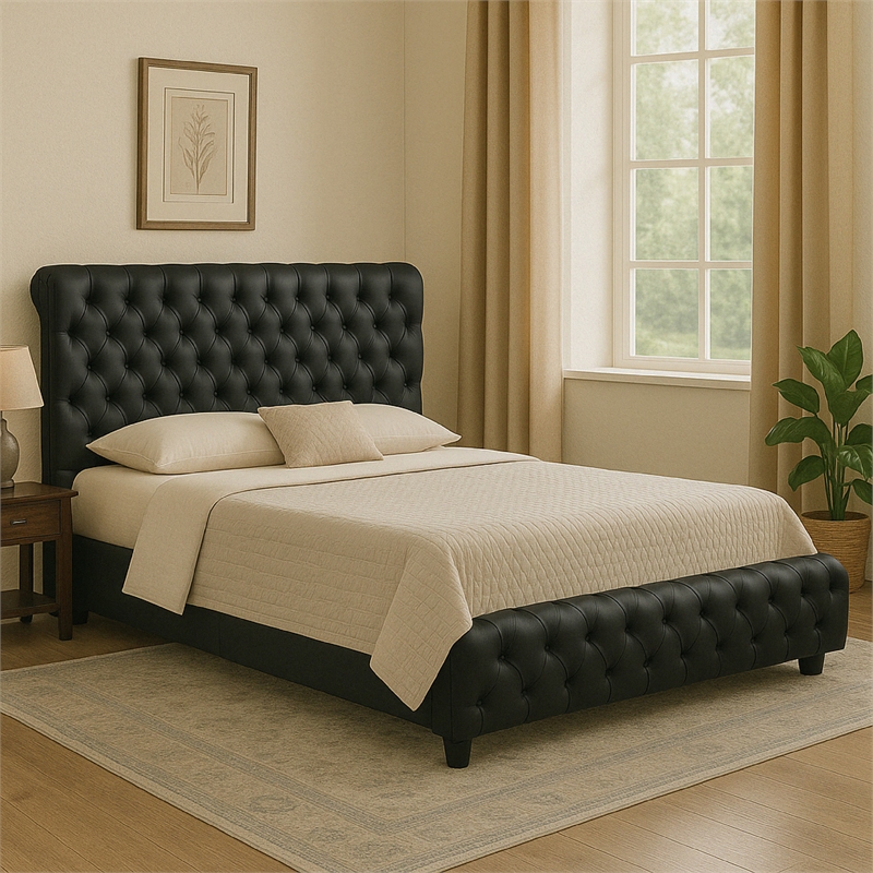 Bowery Hill Queen Platform Bed Button Tufted in Black Velvet