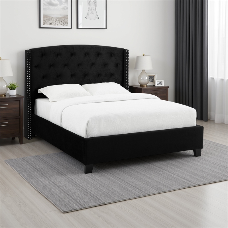 Bowery Hill King Platform Bed with Button Tufted Headboard in Black Velvet