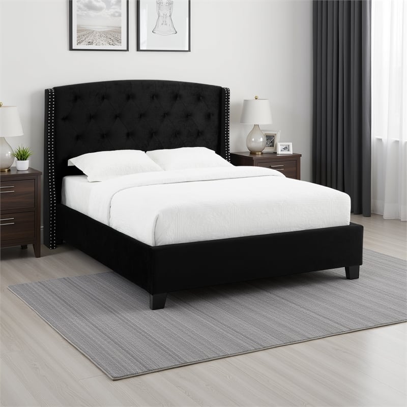 Bowery Hill King Platform Bed with Button Tufted Headboard in Black Velvet