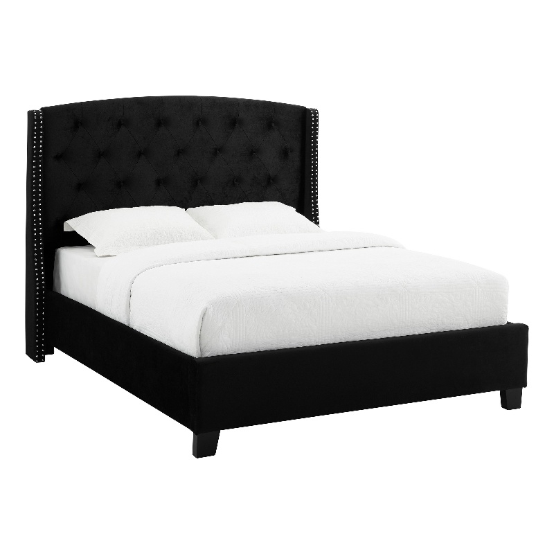 Bowery Hill King Platform Bed with Button Tufted Headboard in Black Velvet