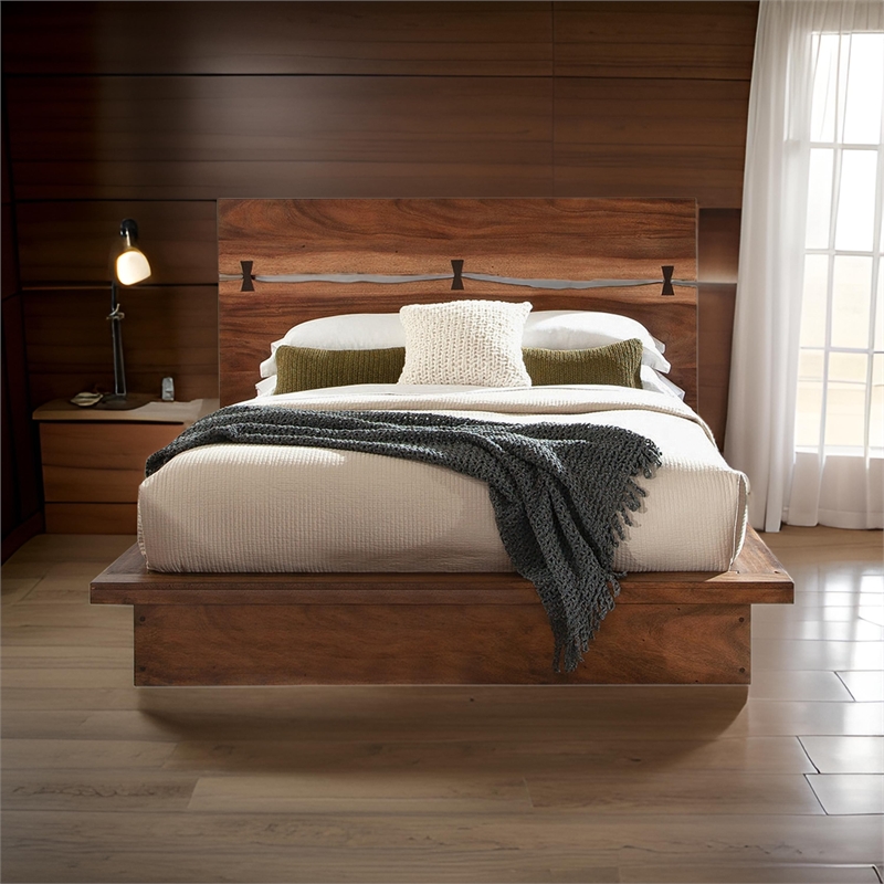 Bowery Hill King Platform Plinth Bed with Natural Edge in Walnut Brown Wood