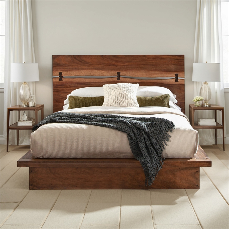 Bowery Hill Queen Platform Plinth Bed with Natural Edge in Walnut Brown