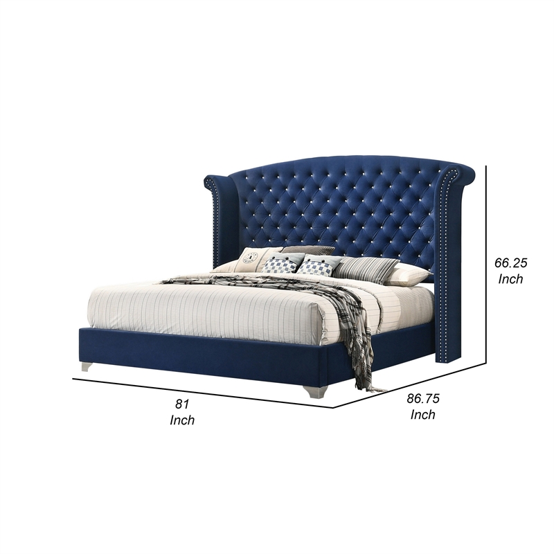 Bowery Hill Wingback Queen Bed Tufted Headboard in Pacific Blue Velvet