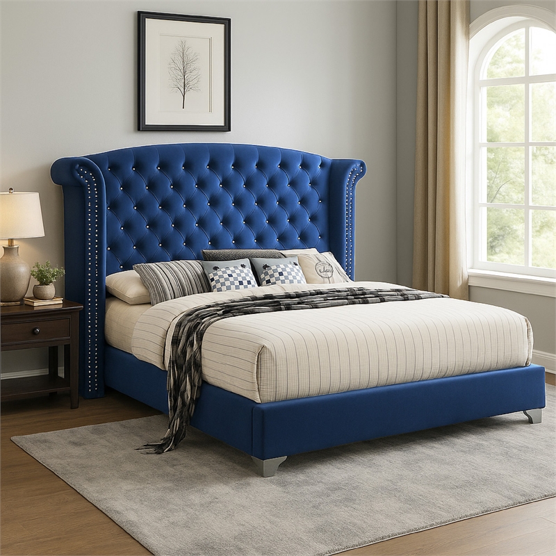 Bowery Hill Wingback Queen Bed Tufted Headboard in Pacific Blue Velvet