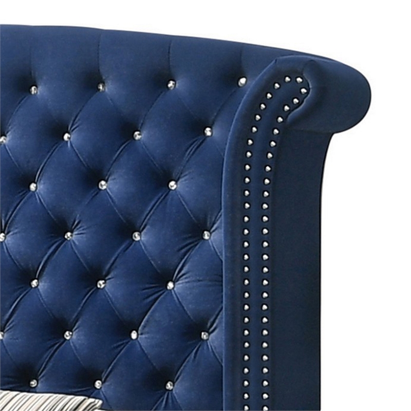 Bowery Hill Wingback Queen Bed Tufted Headboard in Pacific Blue Velvet
