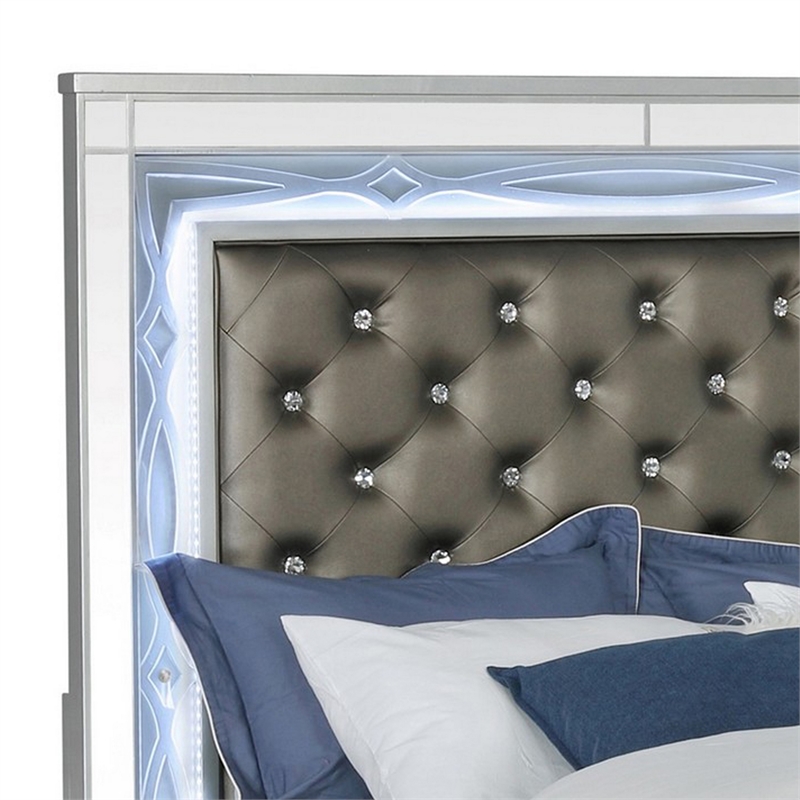 Bowery Hill Queen Panel Bed LED Headboard in Gray Faux Leather Silver