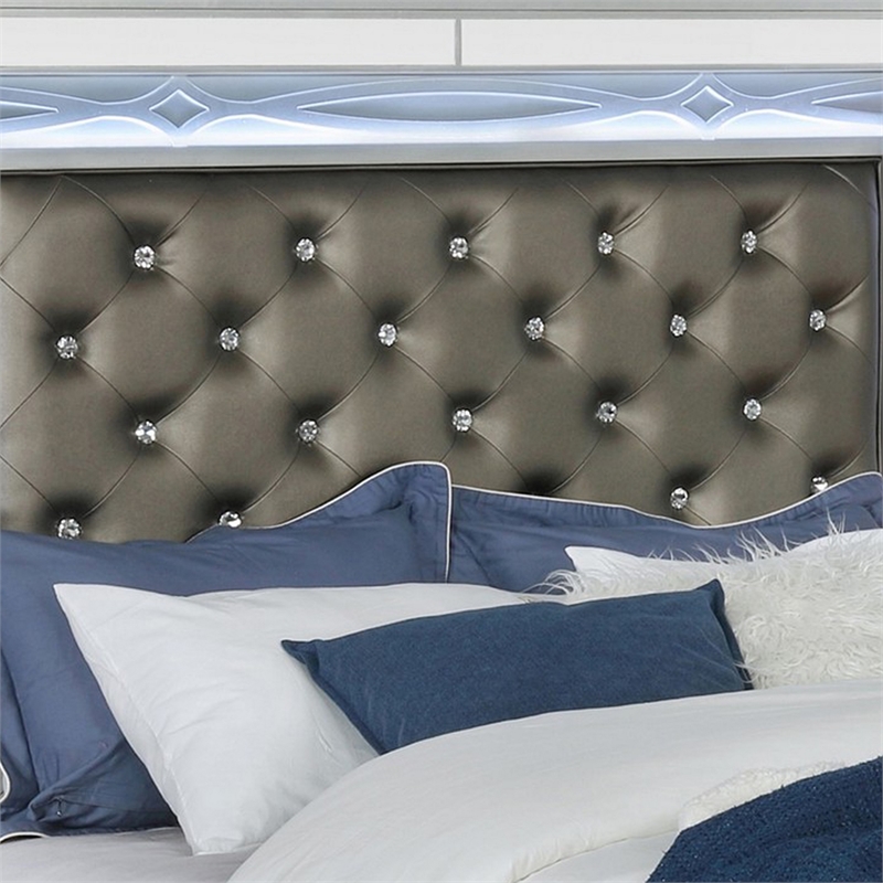 Bowery Hill Queen Panel Bed LED Headboard in Gray Faux Leather Silver
