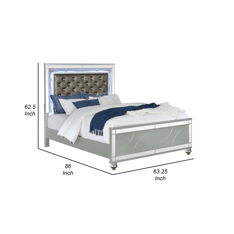 Bowery Hill Queen Panel Bed LED Headboard in Gray Faux Leather Silver