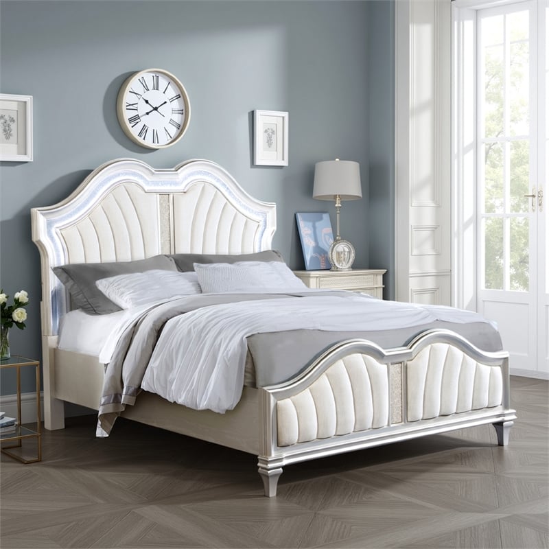 Bowery Hill Queen Bed Oak Wood Double Arched Headboard in Ivory Silver