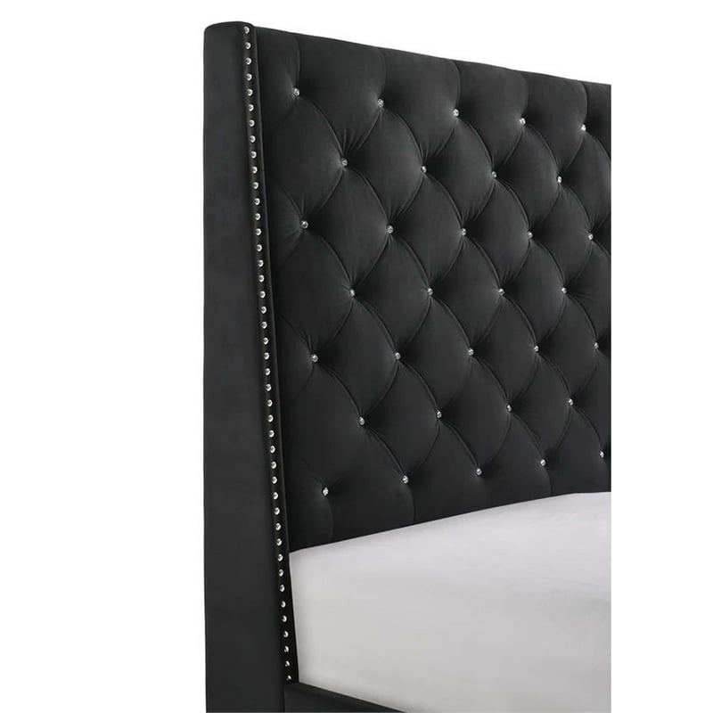 Bowery Hill Queen Bed Tall Wingback Headboard in Black Velvet Upholstery