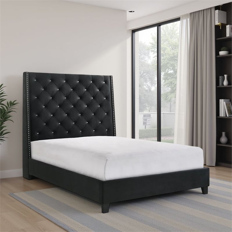Bowery Hill Queen Bed Tall Wingback Headboard in Black Velvet Upholstery