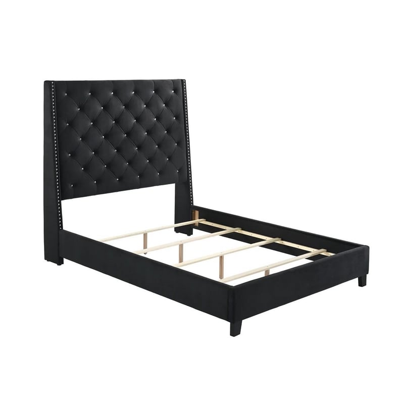 Bowery Hill Queen Bed Tall Wingback Headboard in Black Velvet Upholstery