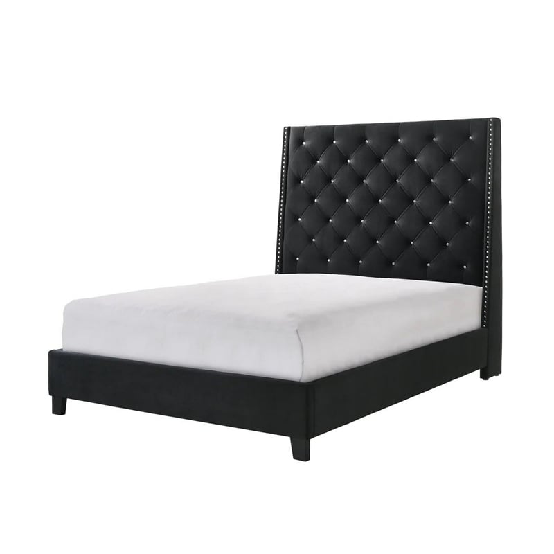 Bowery Hill Queen Bed Tall Wingback Headboard in Black Velvet Upholstery