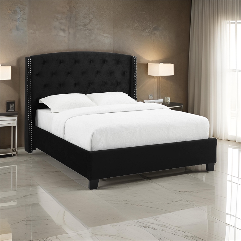 Bowery Hill Queen Bed Low Profile in Black Button Tufted Headboard